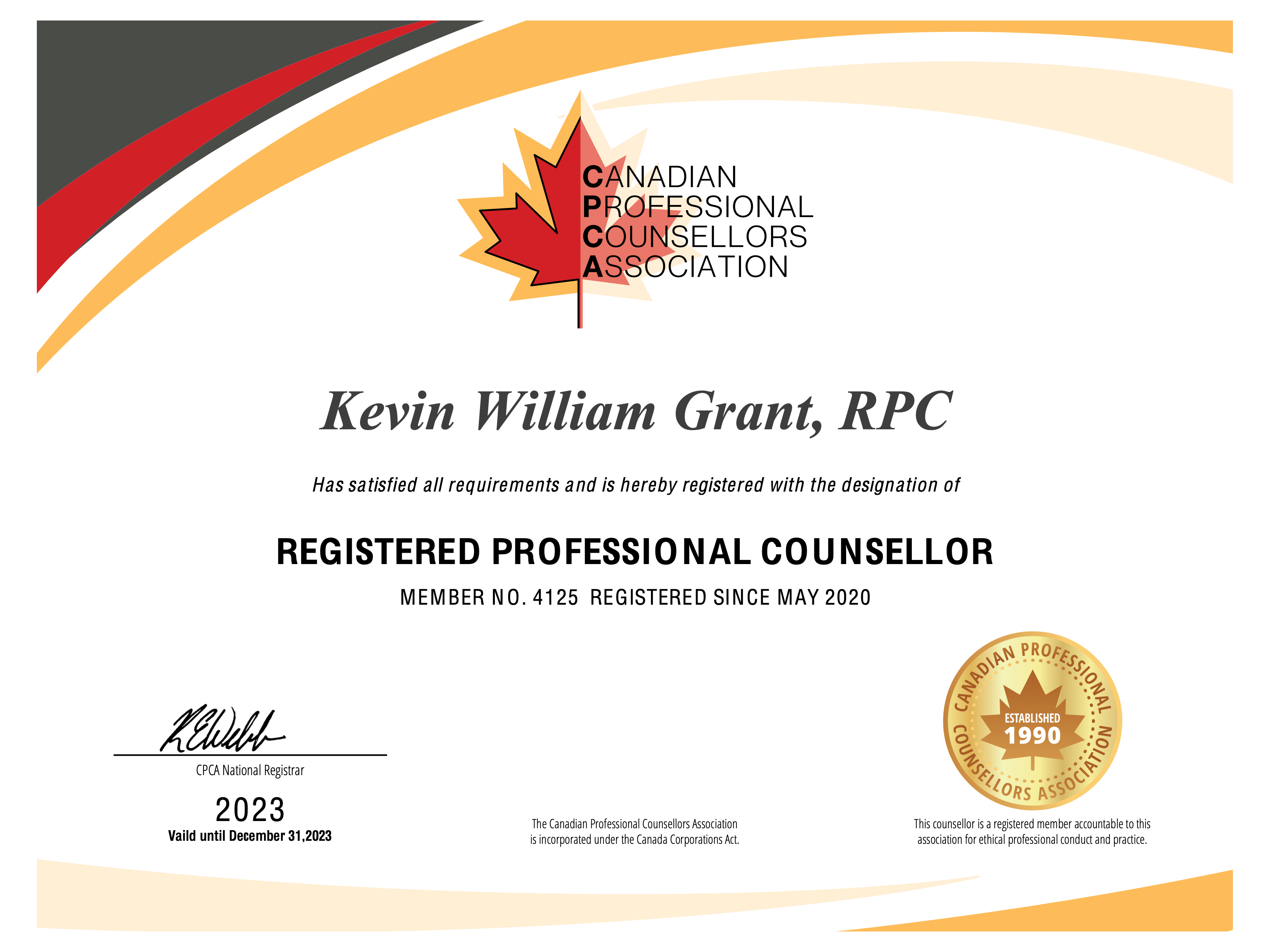 Kevin William Grant Registered Psychotherapist Credentials and Supervision