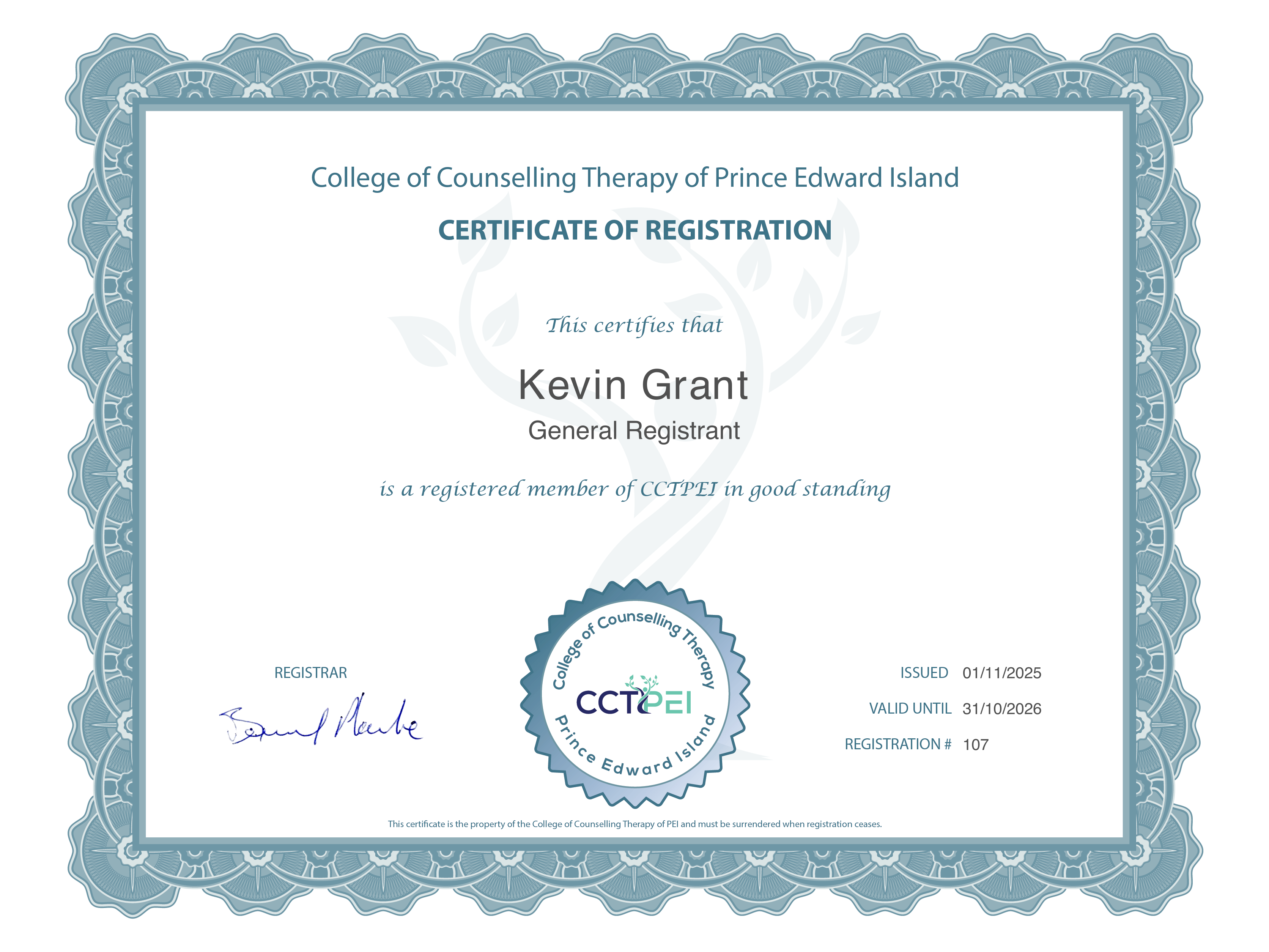 College of Counselling Therapy of Prince Edward Island - Certificate of Registration